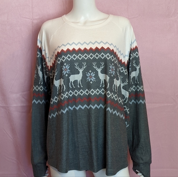 PJ Salvage Gray Long Sleeve Reindeer Christmas Pajama Top size 2X - Picture 1 of 7